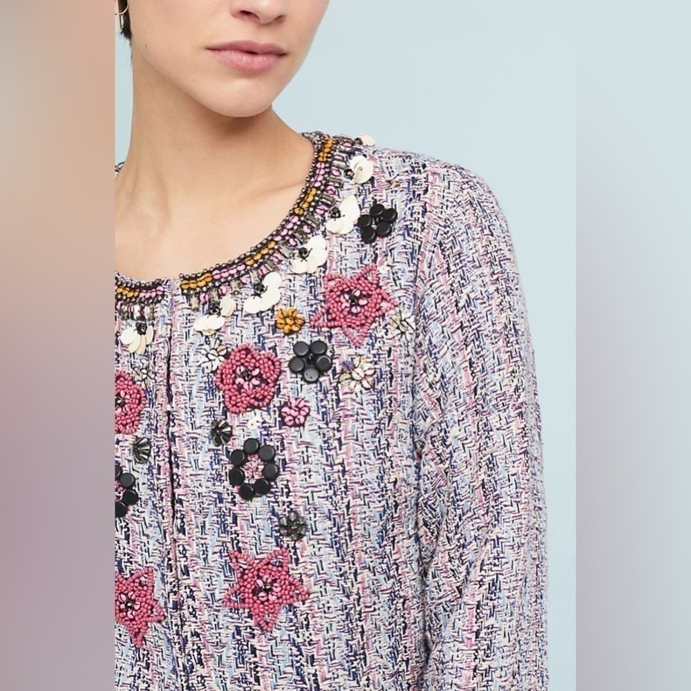 NEW Anthropologie Summer Love Suzy Embellished Beaded Pink Tweed Blazer Jacket - Picture 2 of 11